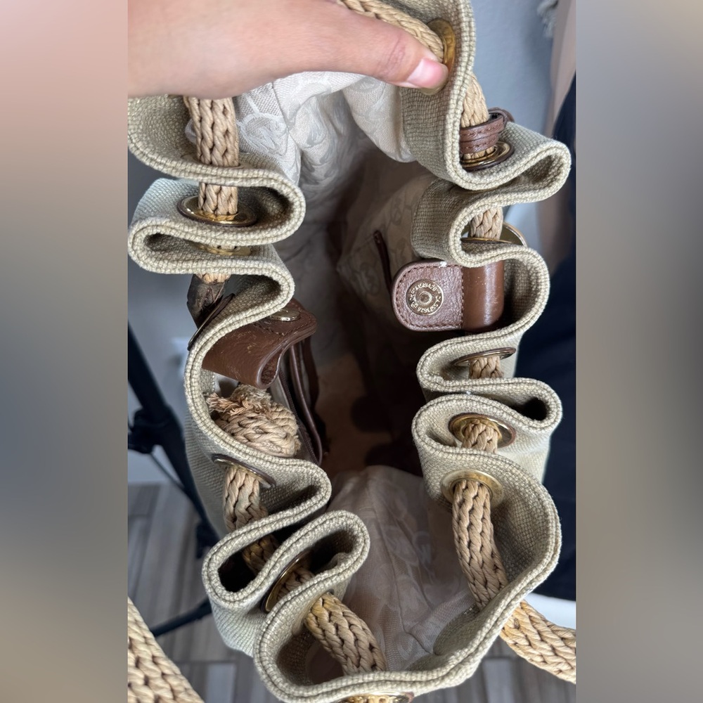 Michael Kors Canvas &‎ Leather Drawstring Bucket Bag Beige/Tan Shoulder Tote - Picture 5 of 9